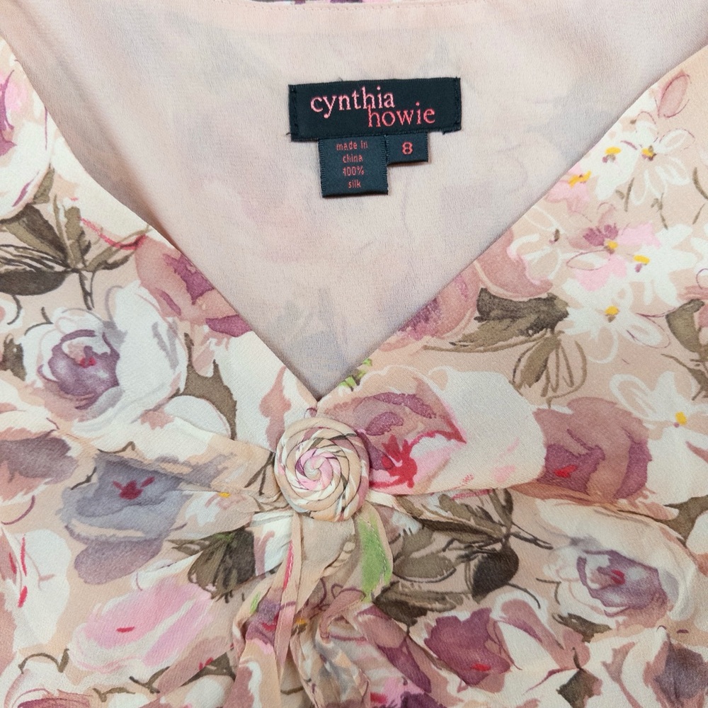 Cynthia Howie Silk Blouse Size 8 Vintage Floral Ruffle Front Pink 90s - Picture 8 of 9